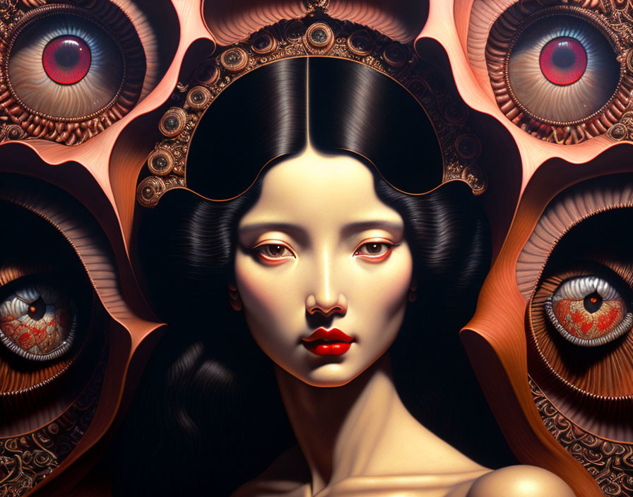 Surreal portrait of woman with pale skin and dark hair, surrounded by intricate eyes