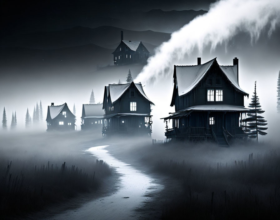 Monochrome image of eerie houses in foggy moonlit night