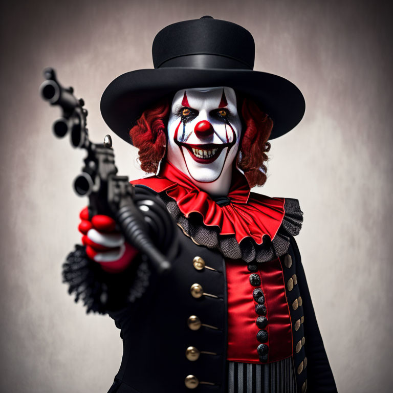 Sinister clown in black and red costume with gun and top hat