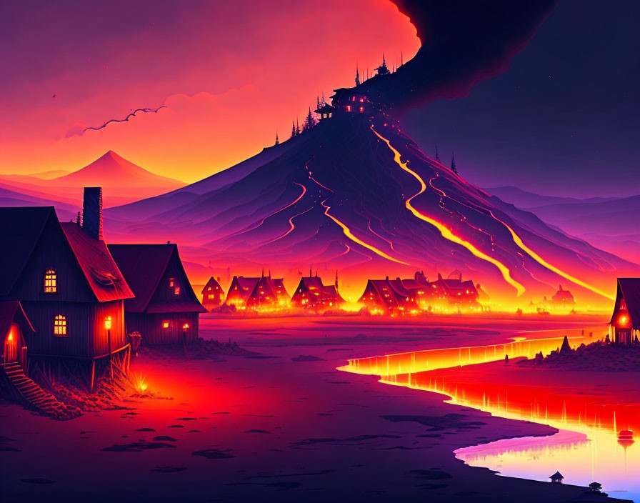 Volcanic eruption painting: lava flows near village under red sky