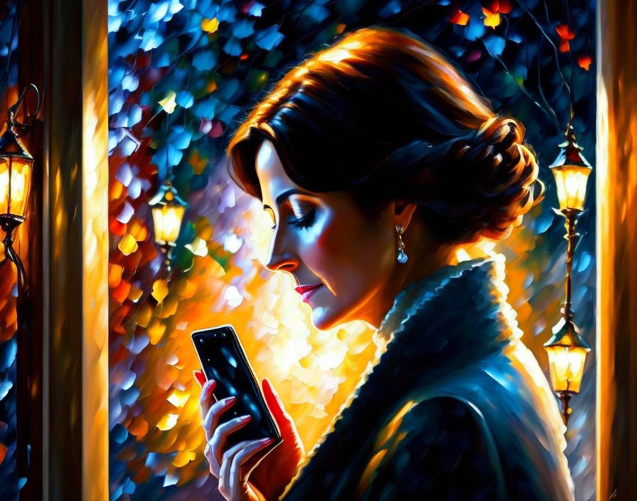 Woman in blue shawl on phone under warm lantern light and vibrant night lights.