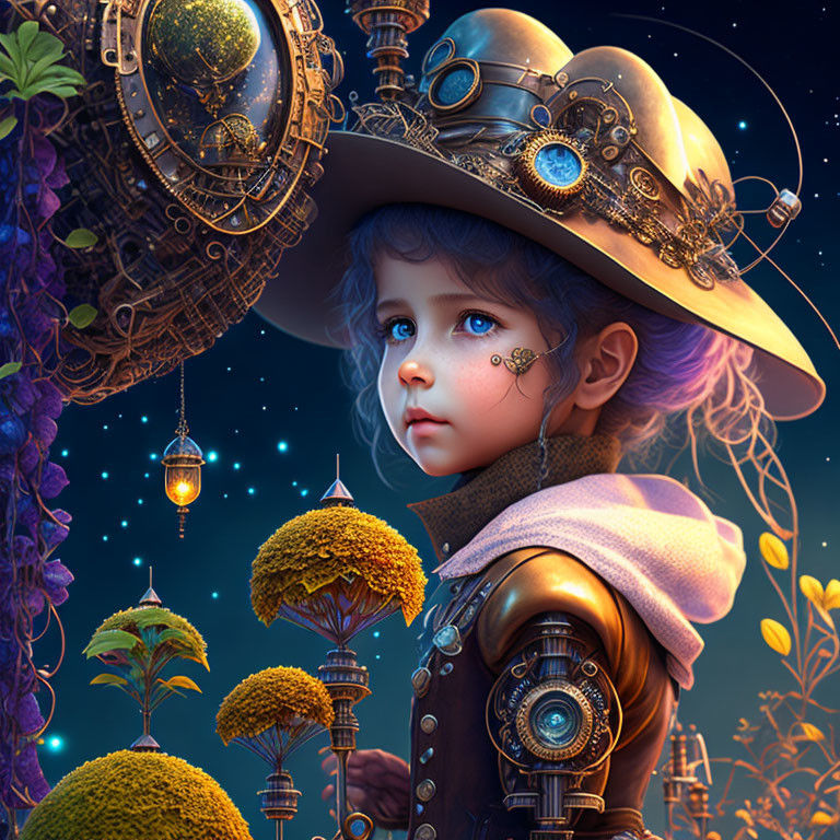 Child in steampunk attire surrounded by fantasy gear and celestial bodies in vibrant night sky.