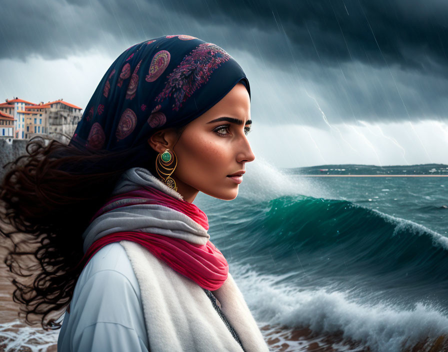 Woman in headscarf contemplates stormy sea scene