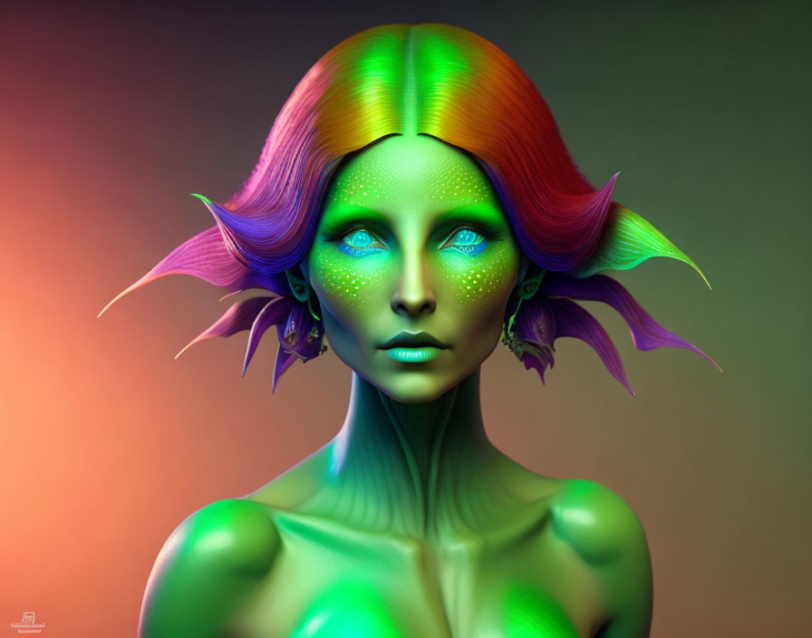 Colorful fantasy portrait of a green-skinned creature with rainbow hair and glowing blue eyes.