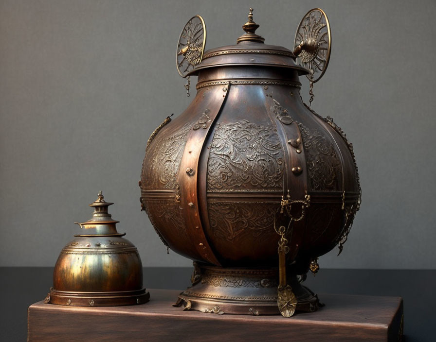 Intricate Engraved Metal Kettle and Pot on Gray Background