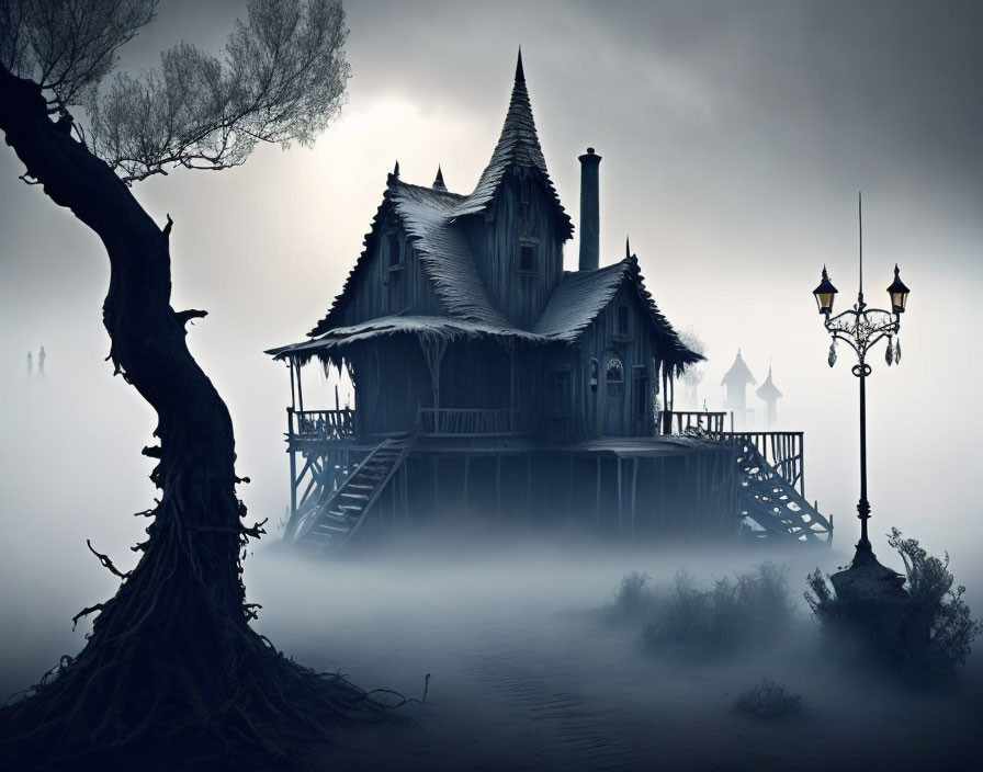 Eerie mist-covered wooden house on stilts with twisted tree & vintage streetlamp