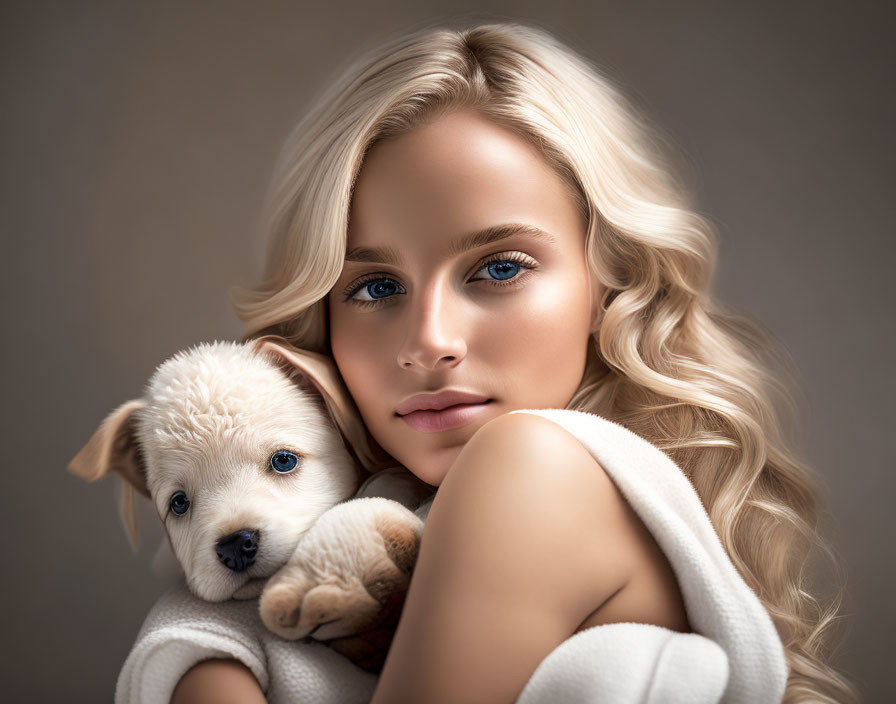 Blonde woman cuddling white puppy with blue eyes