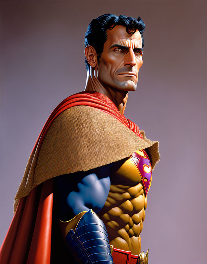 Muscular superhero in blue suit with red cape and emblem on chest on gradient background