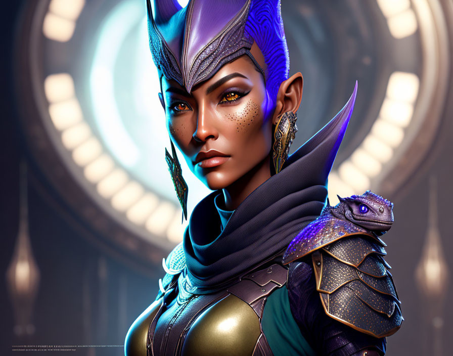 Stylized female character with pointed ears and blue headgear holding a small dragon in futuristic setting