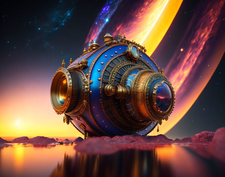 Intricate Steampunk Spherical Device on Alien Landscape