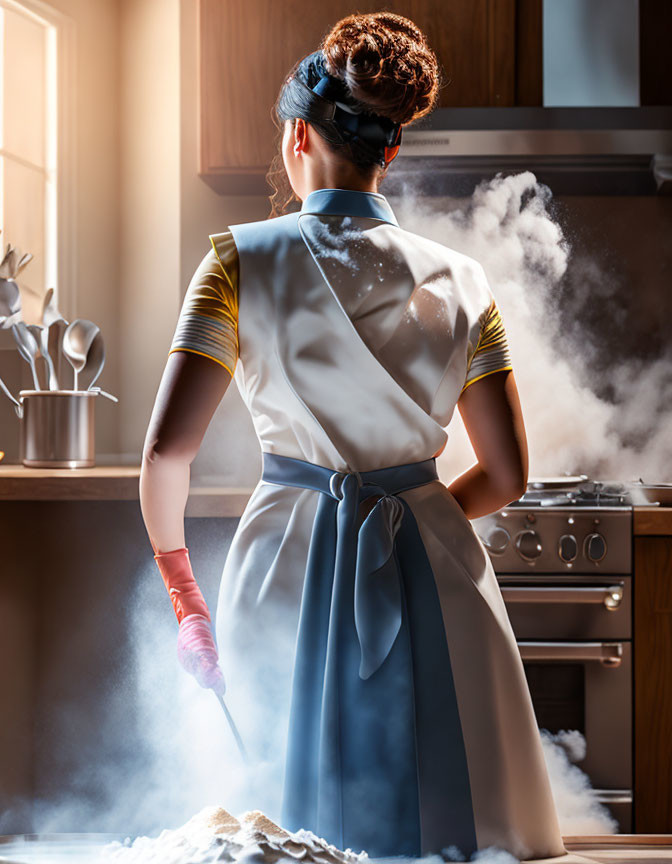 Woman holding steaming pot in sunlit kitchen with flour on counter