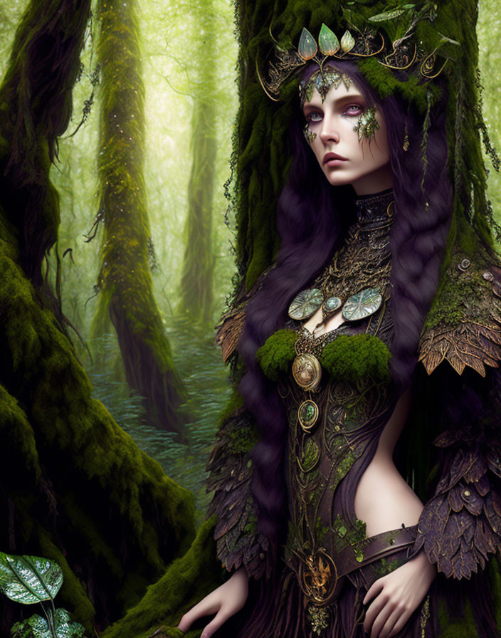 Ethereal forest nymph with leafy headgear in mystical woodland