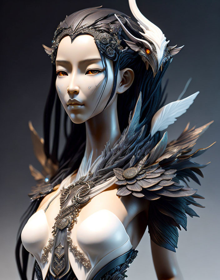 Fantasy character with ornate feathered headpiece and armor