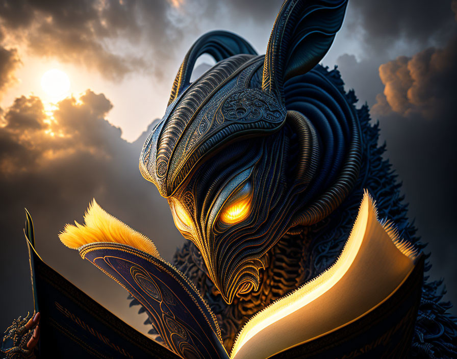 Surreal rabbit creature with glowing eyes reading golden book at sunset