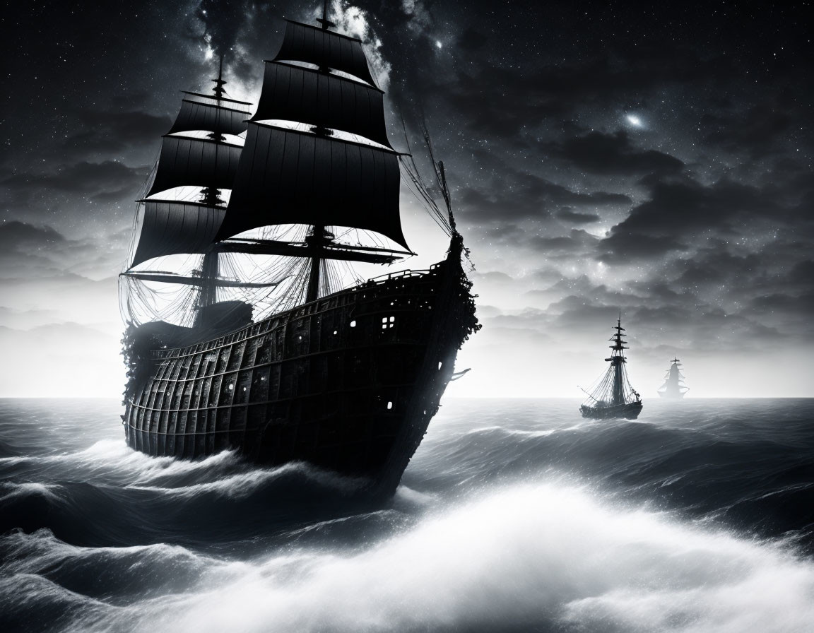 Moonlit seascape: two old sailing ships in turbulent waters