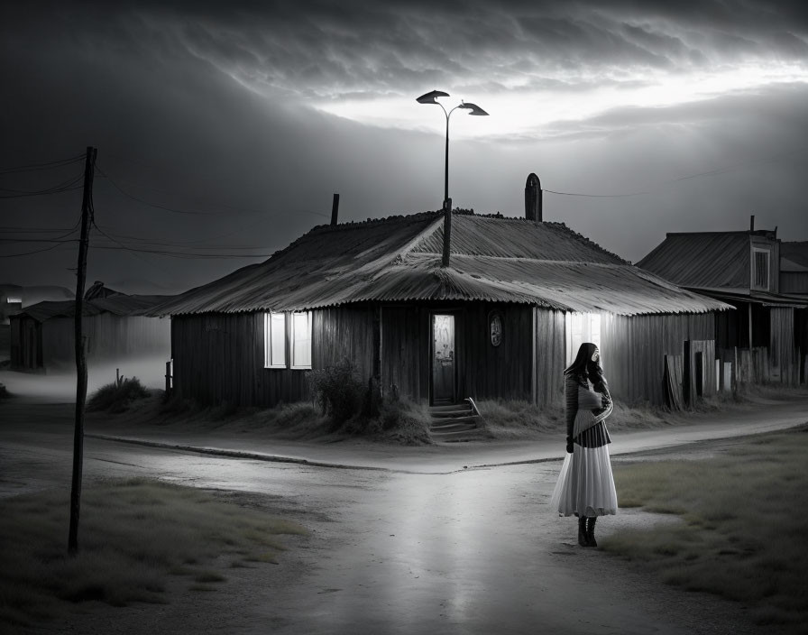 Monochromatic image of woman at old wooden house under streetlight