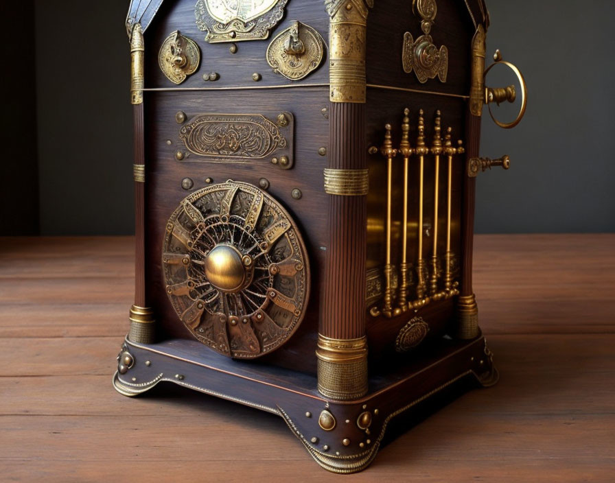 Intricate steampunk-inspired machine with brass accents and cogs