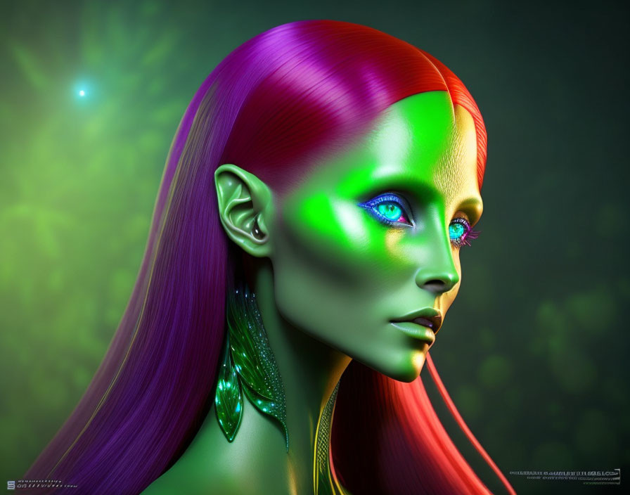 Vibrant digital artwork: Female figure with pink and green hair, blue eyes, pointed ears