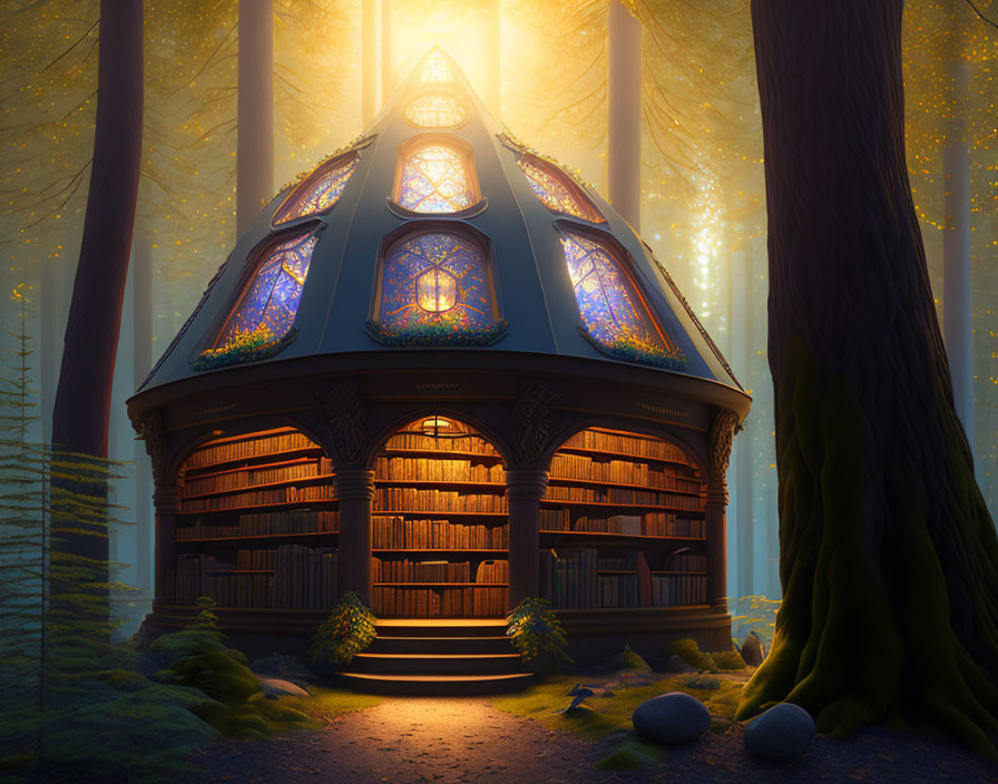 Forest library with stained glass windows among towering trees