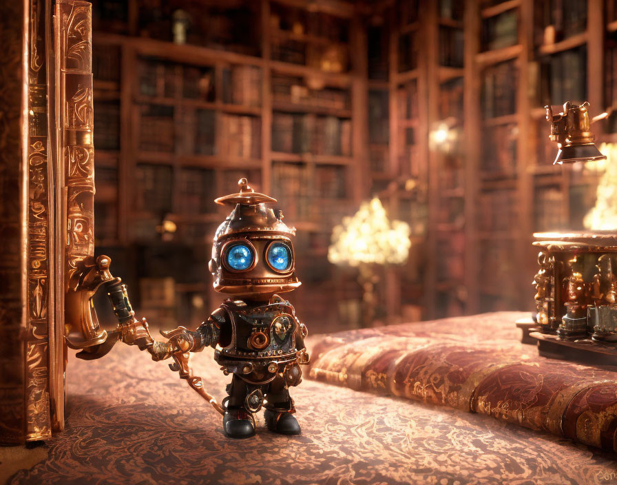 Steampunk-style robot with glowing blue eyes in cozy library scene