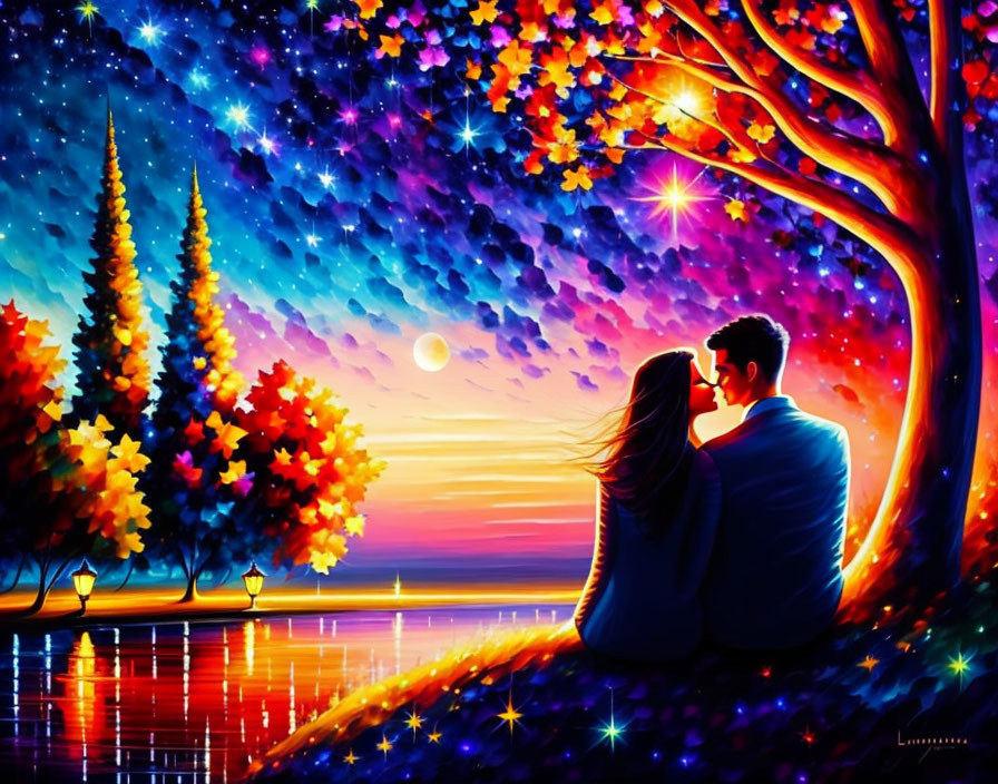 Starry sky couple by lake with colorful trees and lanterns