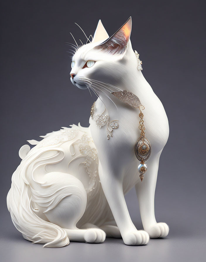 White Digital Art Cat with Jewel Embellishments & Ornate Tail