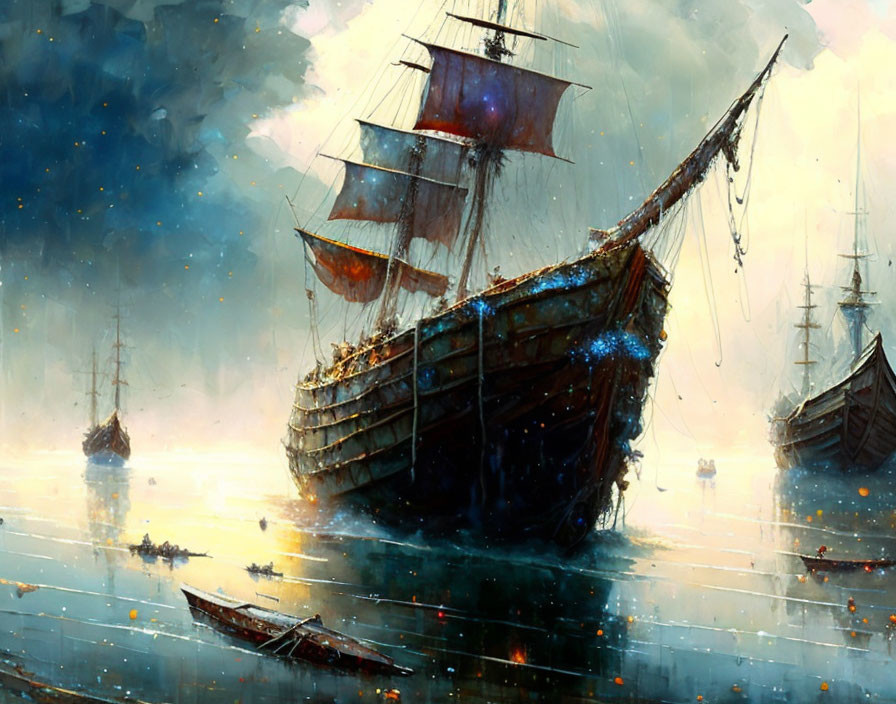 Maritime painting featuring large galleon in serene sea landscape