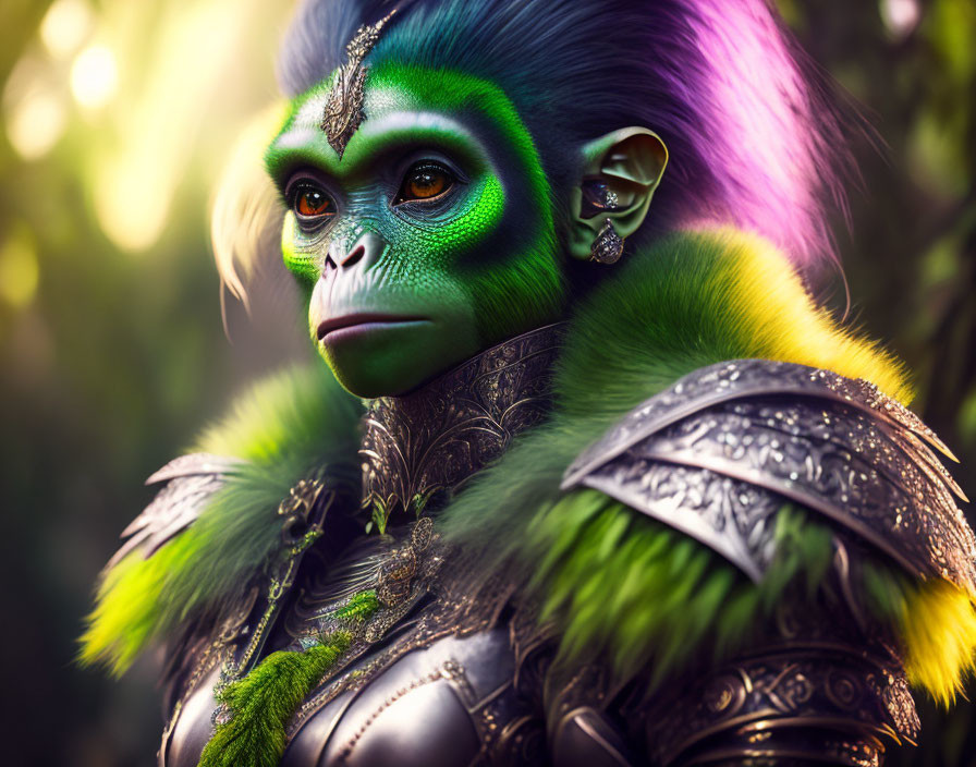 Vibrant humanoid creature in ornate armor in forest setting