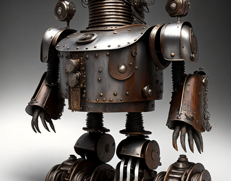 Detailed Steampunk-Style Robot with Metallic Body and Spring-Loaded Limbs