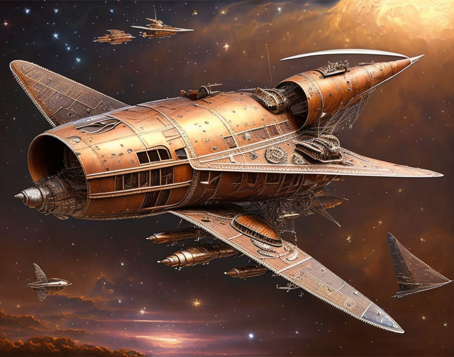 Steampunk-style spaceship with ornate metalwork in cosmic scene