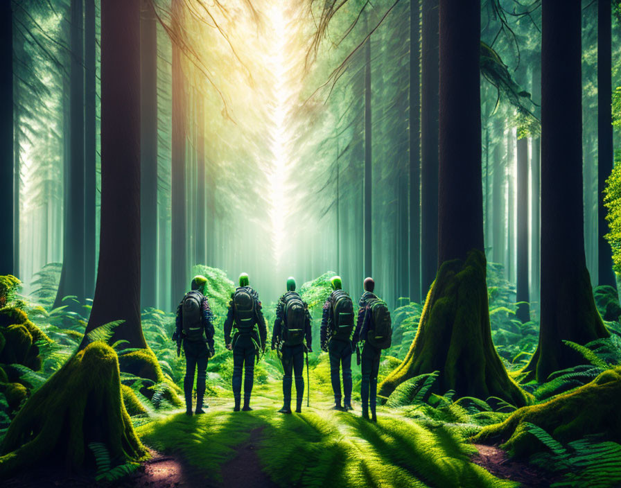 Four hikers in lush, moss-covered forest with sunlight beams