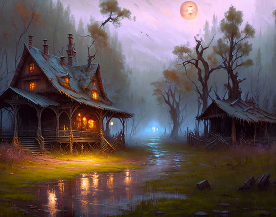 Enchanted twilight scene: cozy cottage, moonlit water path, misty forest