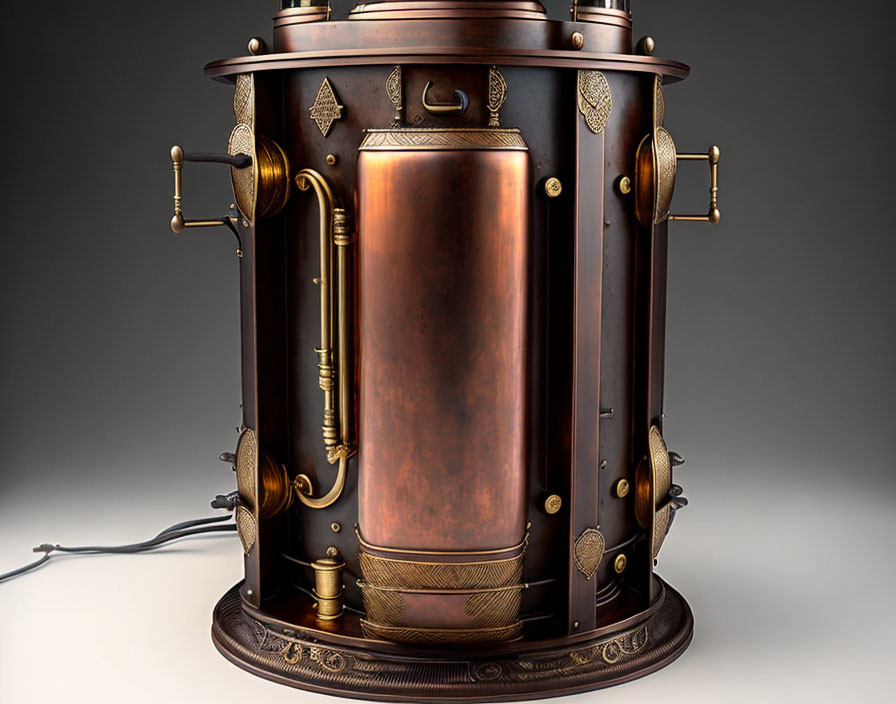 Cylindrical Steampunk Device with Brass Accents on Gradient Background