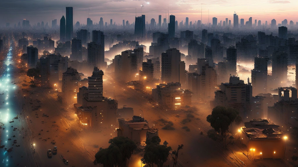 Futuristic cityscape at dusk with mist, illuminated highways, and scattered buildings