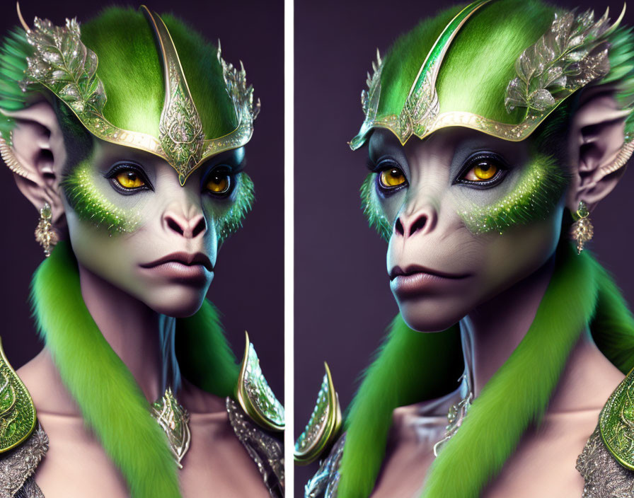 Green-skinned alien royalty with pointed ears and ornate attire