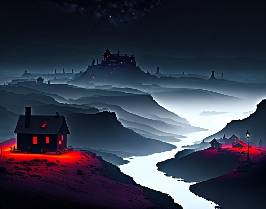 Glowing red river winding through misty hills towards illuminated castle and houses