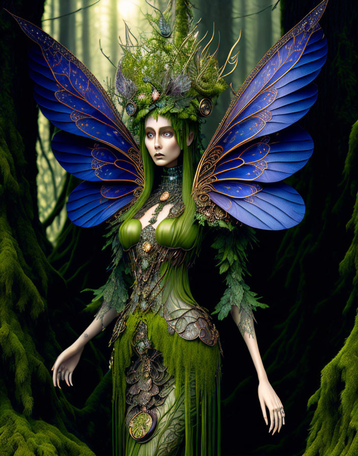 Fantastical figure with blue butterfly wings in lush greenery