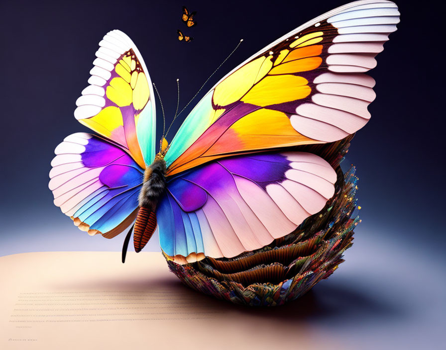 Colorful Butterfly Resting on Open Book Against Purple Background