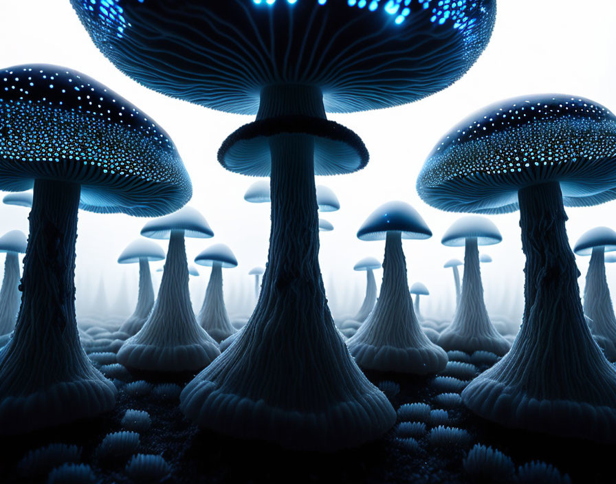 Blue Bioluminescent Mushroom Forest in Mysterious Fog