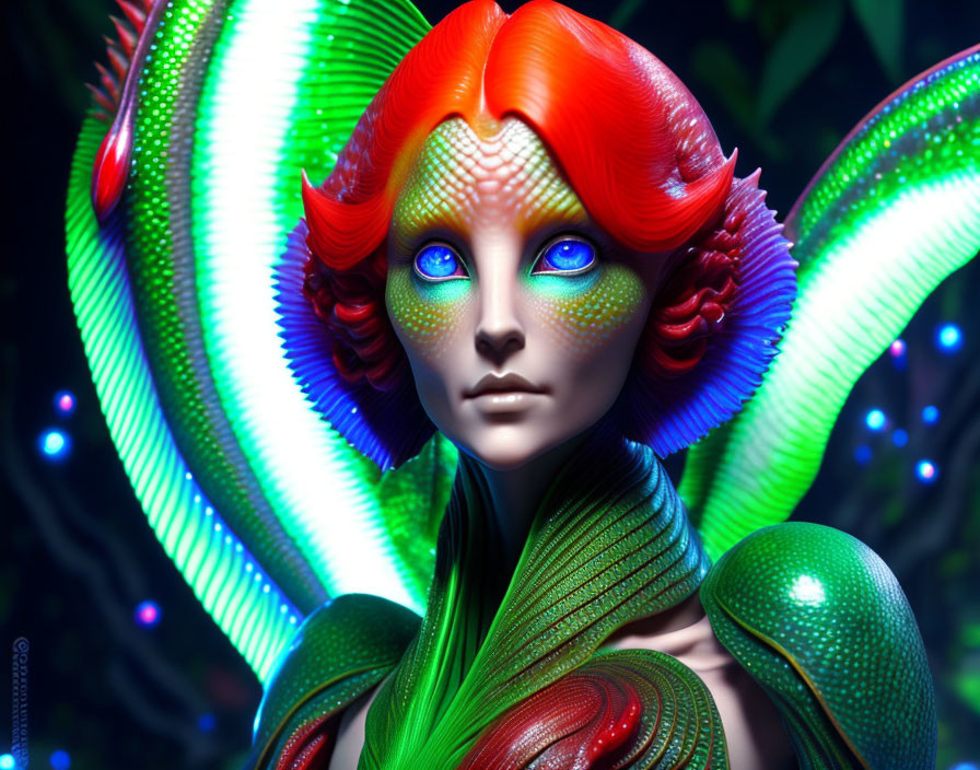 Colorful digital artwork: humanoid figure with red hair, iridescent blue skin, and fan-like