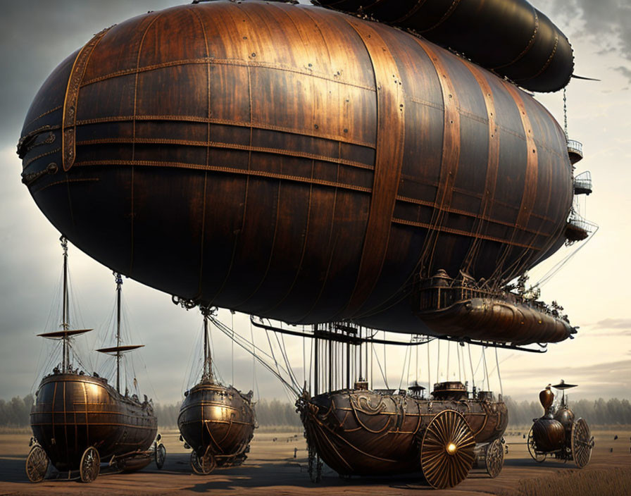 Steampunk-inspired airship with metallic balloon, vintage vehicles, and wheeled sailboat