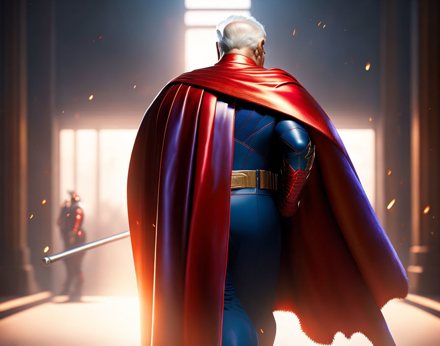 Elderly superhero with white hair and red cape in golden-lit corridor