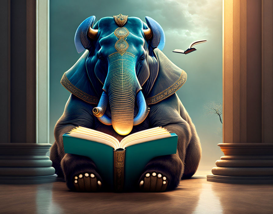 Elephant in ornate attire reading book by window with hummingbird in dramatic sky.