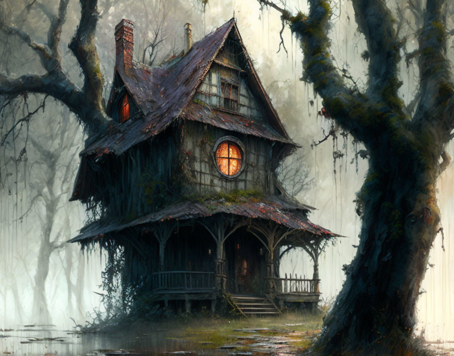 Spooky wooden house in misty swampy forest