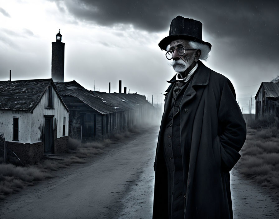 Elderly man in top hat and spectacles in desolate industrial landscape