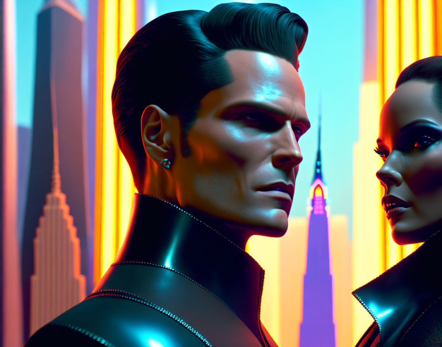 Stylized man and woman in futuristic attire against neon cityscape