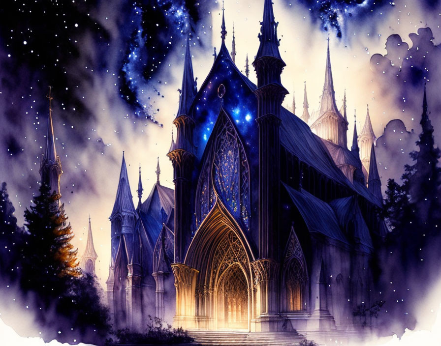 Gothic-style cathedral illustration at night with iridescent windows and starry sky
