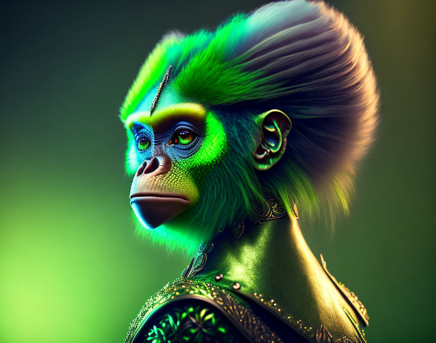 Colorful humanoid primate digital art with green and blue fur mane and intricate armor.