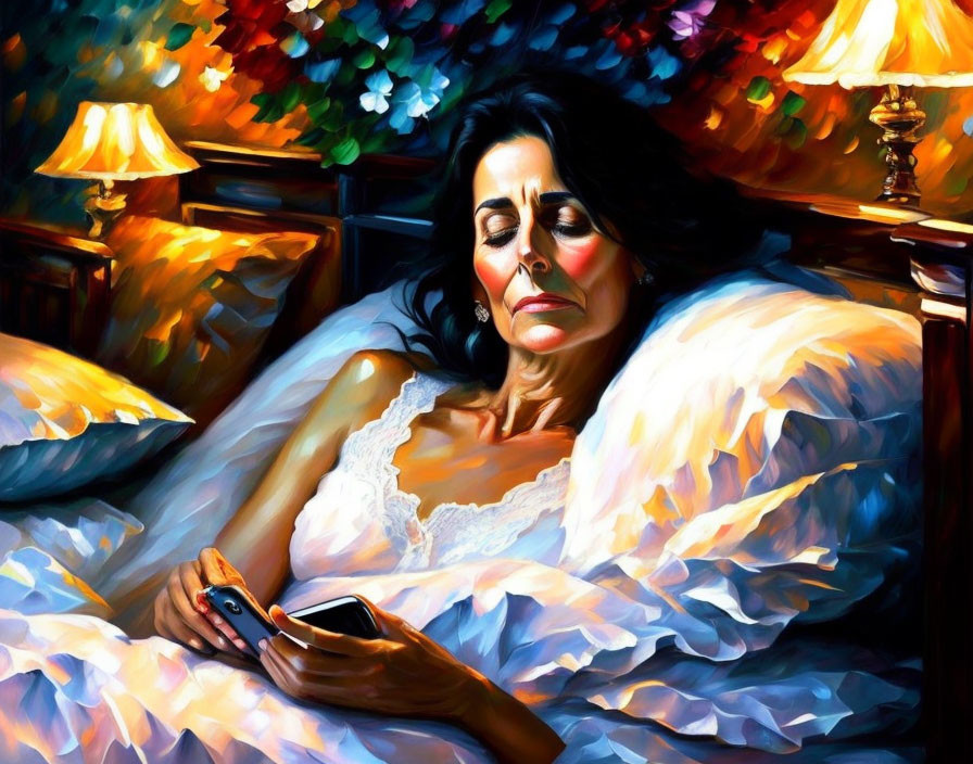 Woman in Bed with Phone in Warm Lighting