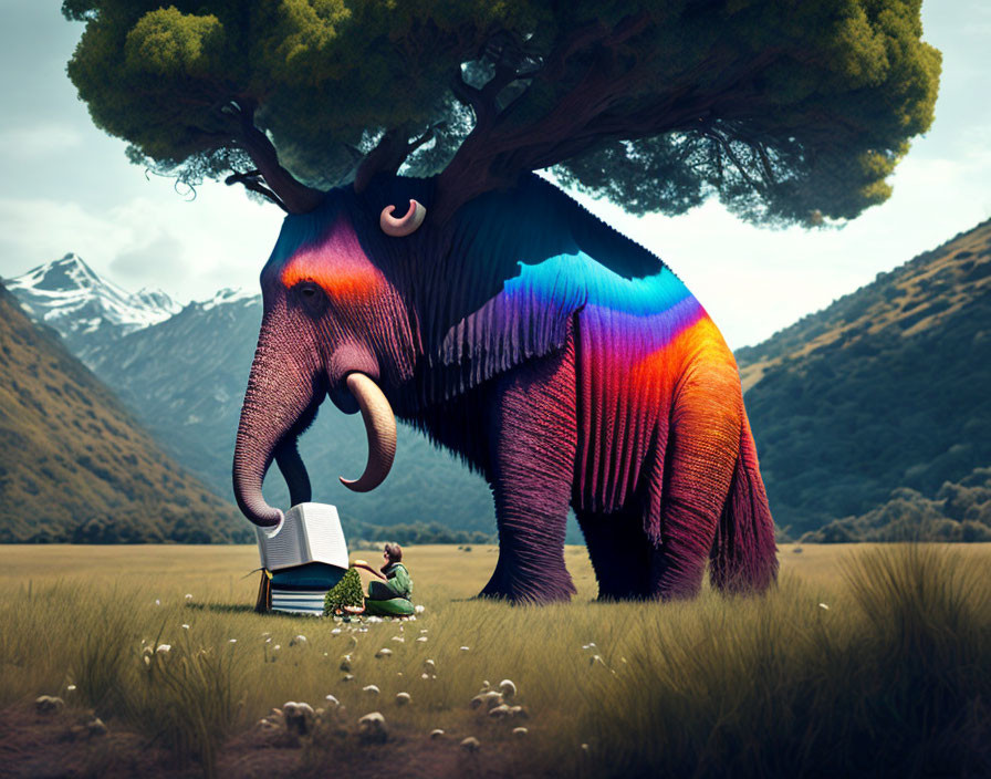 Colorful iridescent elephant in serene field with person reading book and grazing sheep.